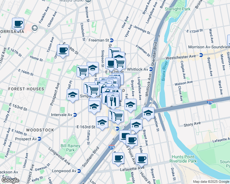 map of restaurants, bars, coffee shops, grocery stores, and more near in The Bronx