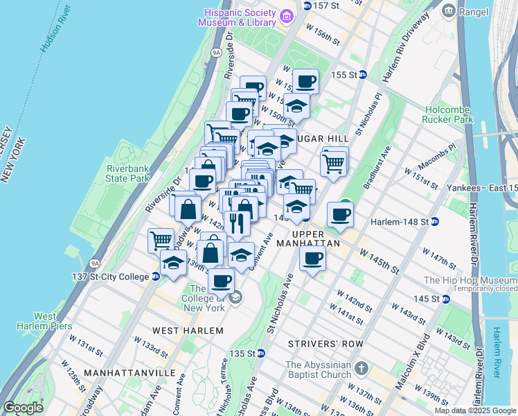 map of restaurants, bars, coffee shops, grocery stores, and more near 130 Hamilton Place in New York