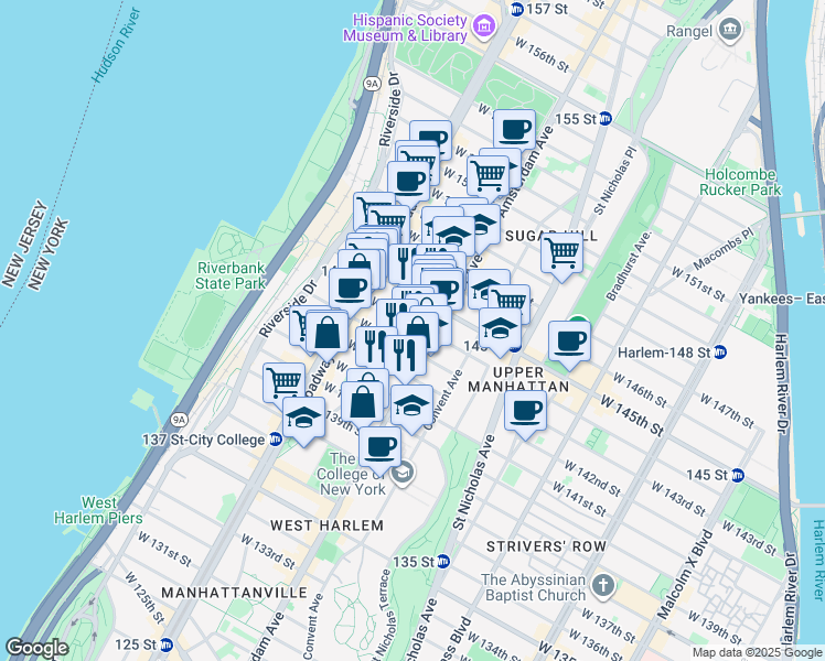 map of restaurants, bars, coffee shops, grocery stores, and more near 130 Hamilton Place in New York