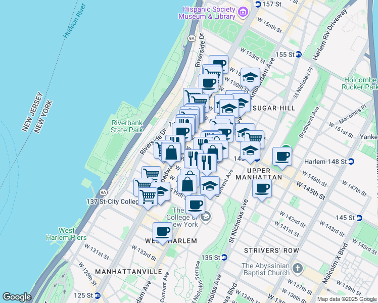map of restaurants, bars, coffee shops, grocery stores, and more near 511 West 142nd Street in New York