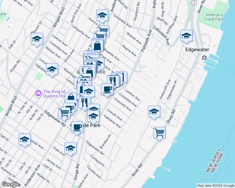 map of restaurants, bars, coffee shops, grocery stores, and more near 79 Crescent Avenue in Cliffside Park