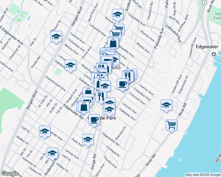 map of restaurants, bars, coffee shops, grocery stores, and more near 223 Delia Lane in Cliffside Park