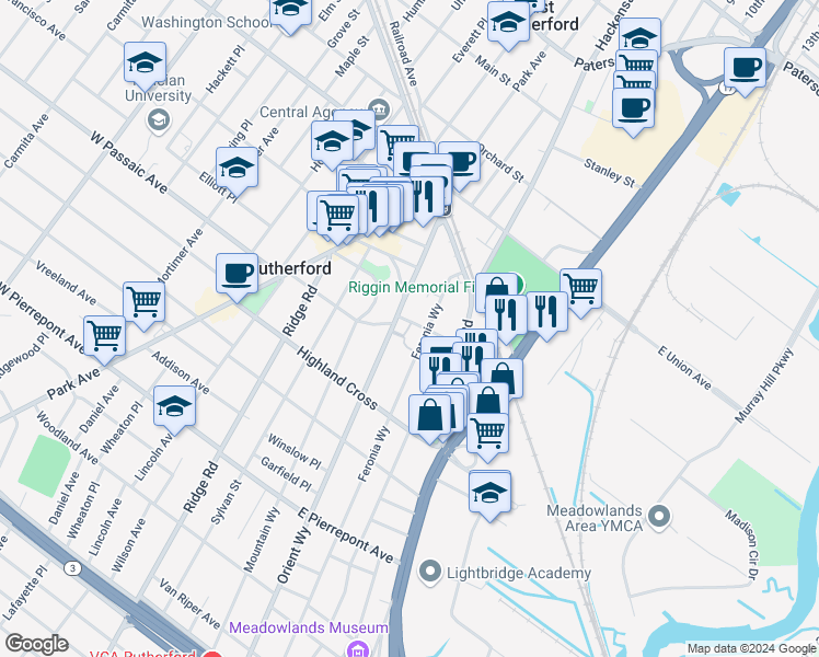 map of restaurants, bars, coffee shops, grocery stores, and more near 79 Feronia Way in Rutherford
