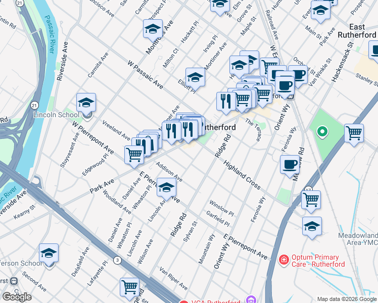 map of restaurants, bars, coffee shops, grocery stores, and more near 65 Lincoln Avenue in Rutherford