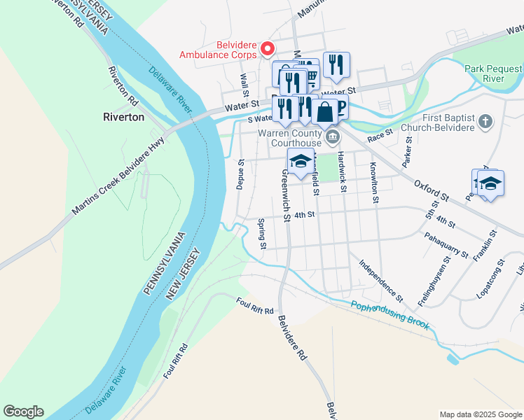map of restaurants, bars, coffee shops, grocery stores, and more near 400 Spring Street in Belvidere