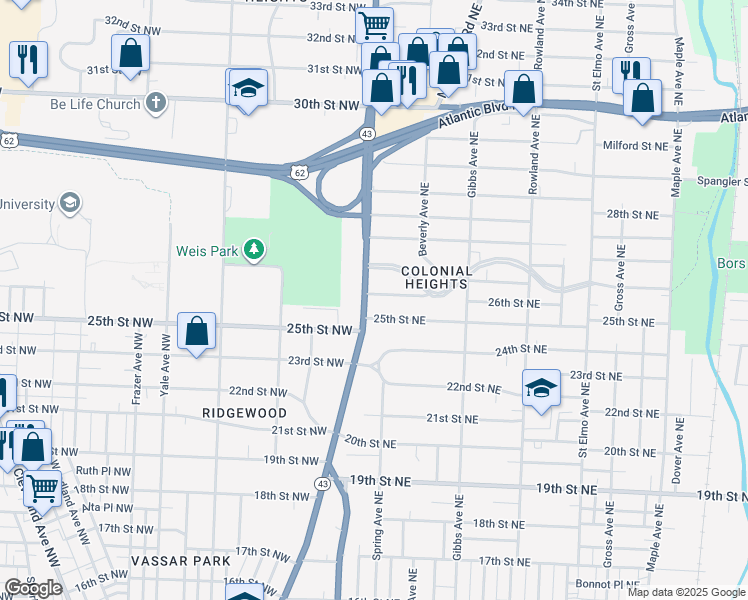 map of restaurants, bars, coffee shops, grocery stores, and more near 2424 Market Avenue North in Canton