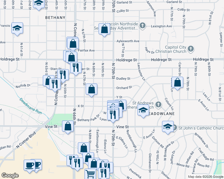 map of restaurants, bars, coffee shops, grocery stores, and more near in Lincoln