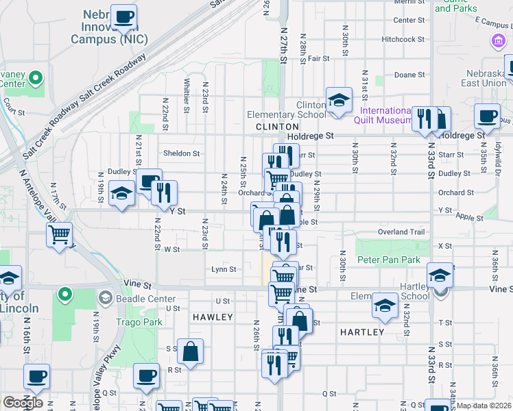 map of restaurants, bars, coffee shops, grocery stores, and more near 2545 Y Street in Lincoln