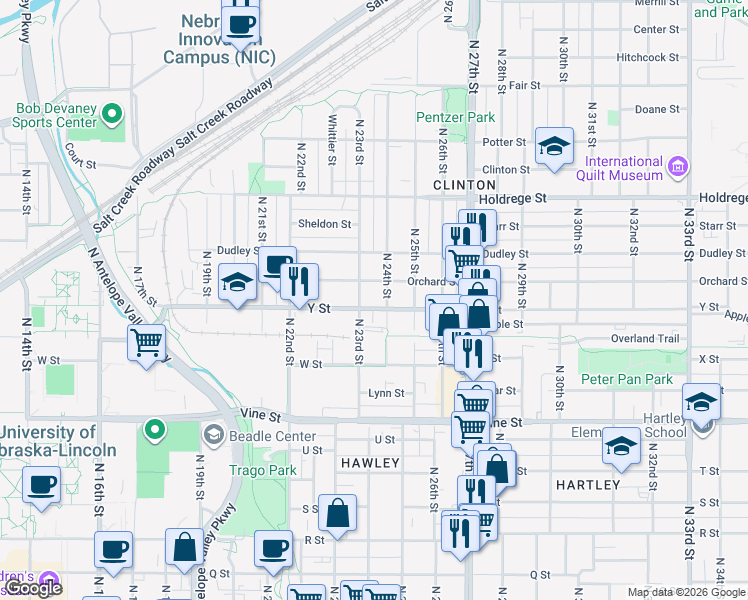 map of restaurants, bars, coffee shops, grocery stores, and more near 1014 North 23rd Street in Lincoln