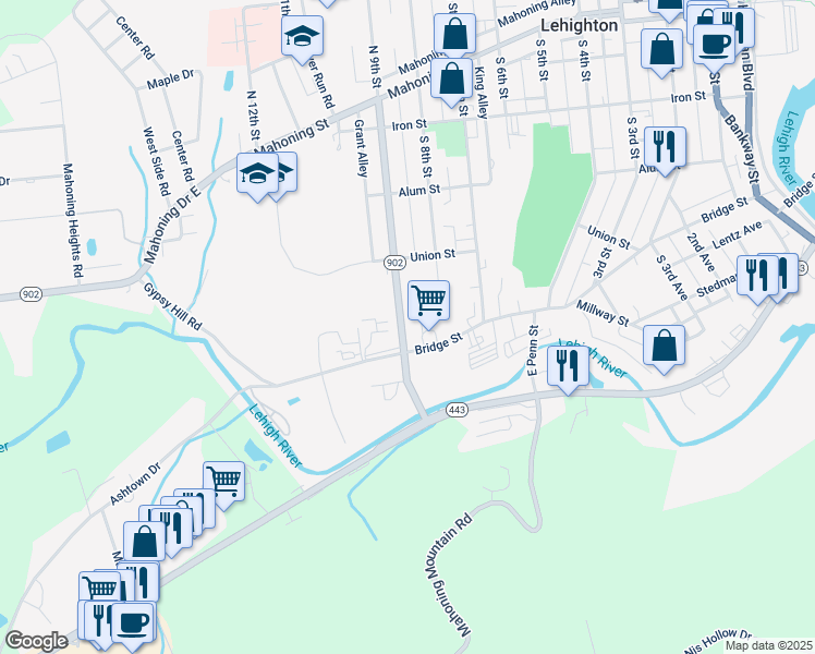 map of restaurants, bars, coffee shops, grocery stores, and more near 495 South 9th Street in Lehighton