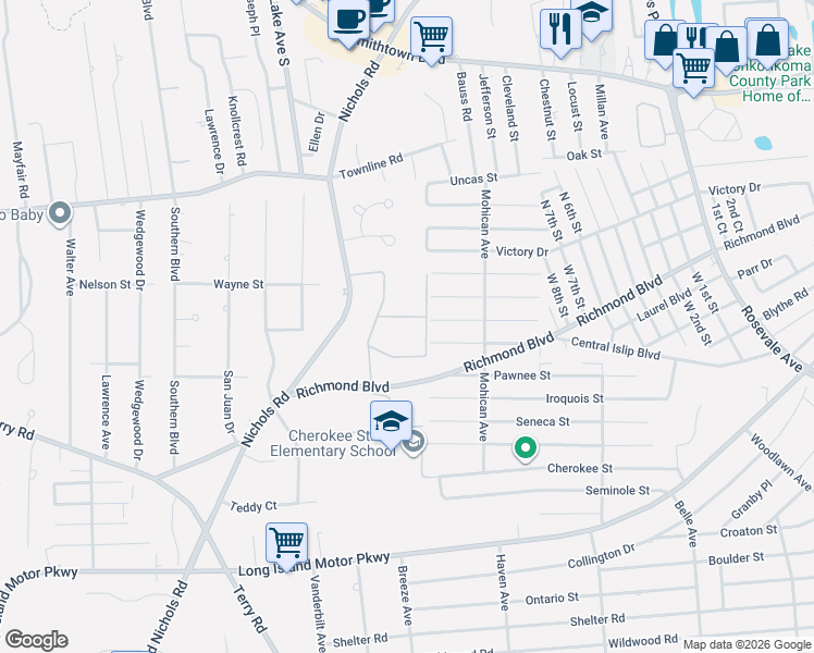 map of restaurants, bars, coffee shops, grocery stores, and more near 67 Richmond Boulevard in Ronkonkoma