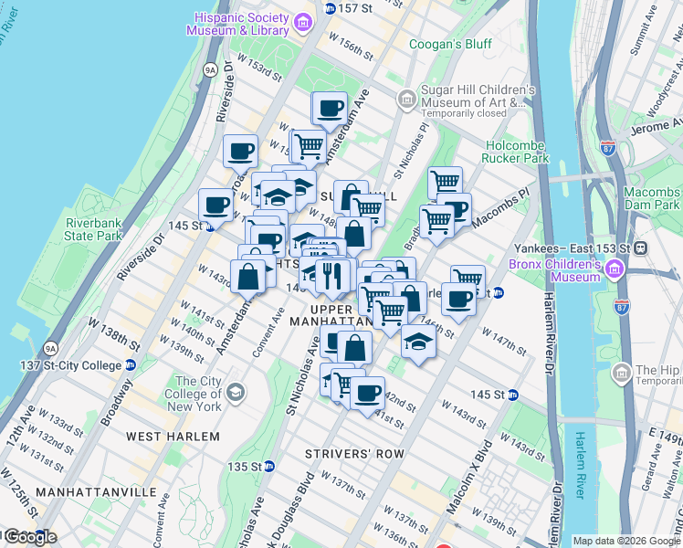map of restaurants, bars, coffee shops, grocery stores, and more near 400 West 146th Street in New York