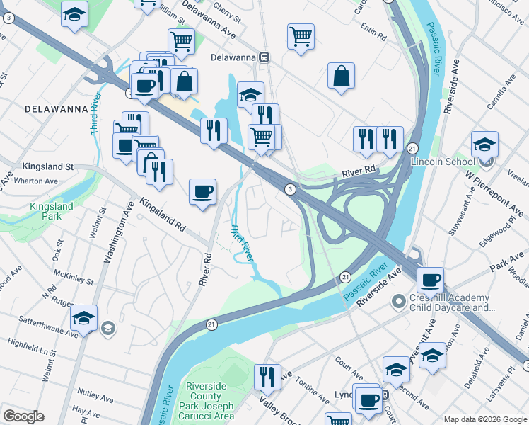 map of restaurants, bars, coffee shops, grocery stores, and more near 211 Riverwalk Way in Clifton