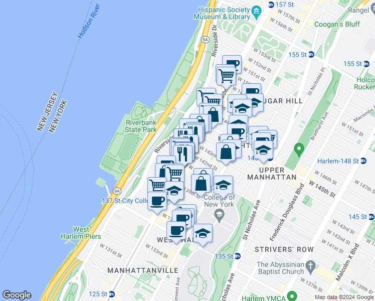 map of restaurants, bars, coffee shops, grocery stores, and more near 3489 Broadway in New York