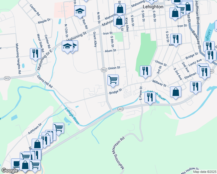 map of restaurants, bars, coffee shops, grocery stores, and more near 495 South 9th Street in Lehighton