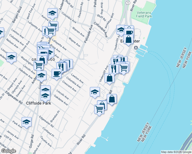 map of restaurants, bars, coffee shops, grocery stores, and more near 1.A Old Wood Road in Edgewater