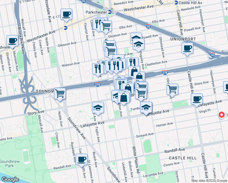 map of restaurants, bars, coffee shops, grocery stores, and more near in The Bronx