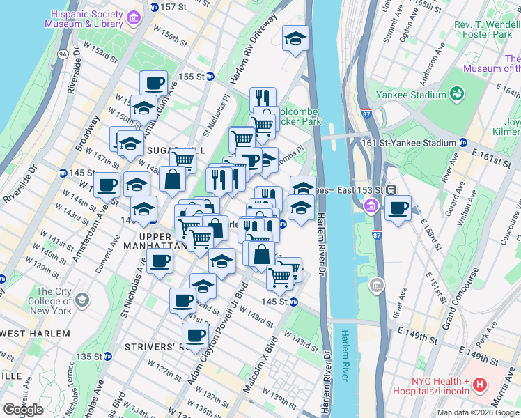 map of restaurants, bars, coffee shops, grocery stores, and more near 227 West 149th Street in New York