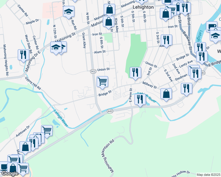 map of restaurants, bars, coffee shops, grocery stores, and more near 724 Bridge Street in Lehighton
