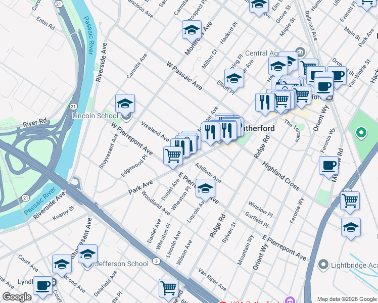 map of restaurants, bars, coffee shops, grocery stores, and more near 305 Mortimer Avenue in Rutherford