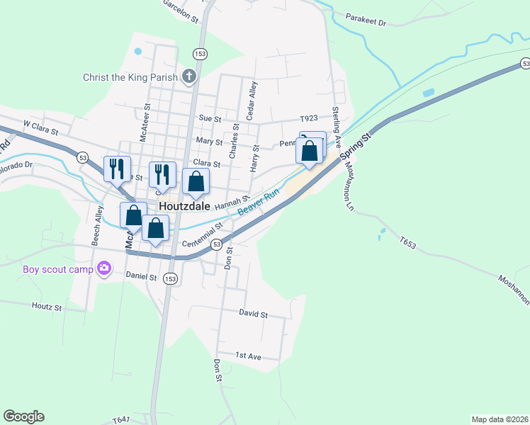 map of restaurants, bars, coffee shops, grocery stores, and more near Houtzdale Line Trail in Houtzdale