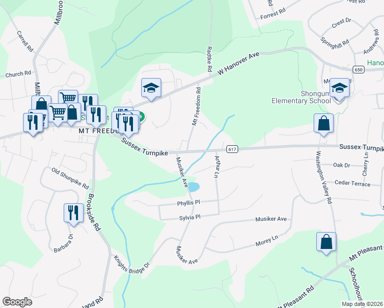 map of restaurants, bars, coffee shops, grocery stores, and more near 25 Mount Freedom Road in Randolph
