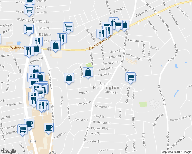 map of restaurants, bars, coffee shops, grocery stores, and more near 47 Engelke Avenue in Huntington Station