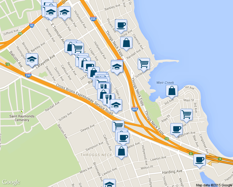 map of restaurants, bars, coffee shops, grocery stores, and more near 3011 Schley Avenue in The Bronx