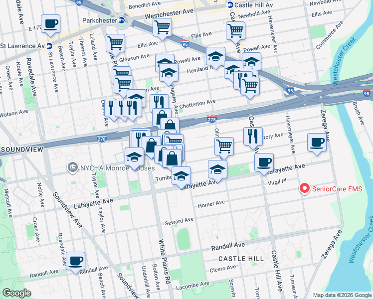 map of restaurants, bars, coffee shops, grocery stores, and more near 2001 Story Avenue in Bronx