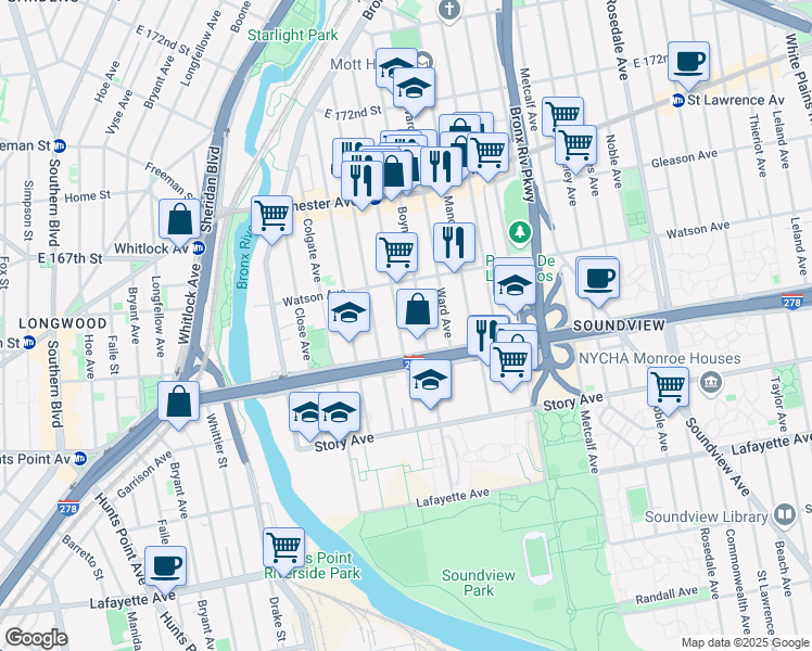 map of restaurants, bars, coffee shops, grocery stores, and more near 1050 Elder Avenue in Bronx