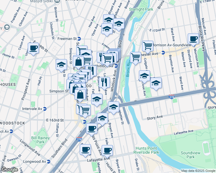 map of restaurants, bars, coffee shops, grocery stores, and more near 1155 East 165th Street in Bronx