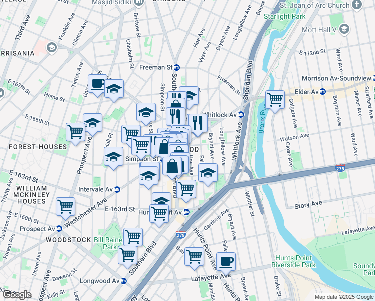 map of restaurants, bars, coffee shops, grocery stores, and more near in The Bronx