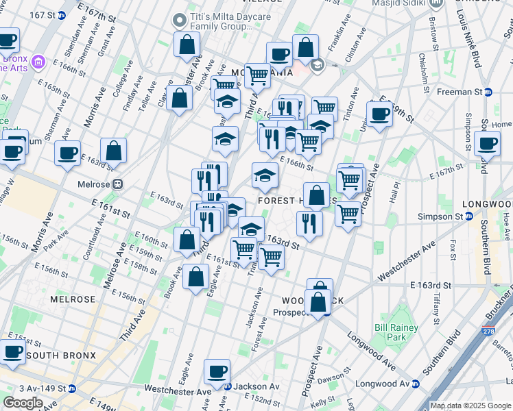 map of restaurants, bars, coffee shops, grocery stores, and more near 590 East 165th Street in Bronx