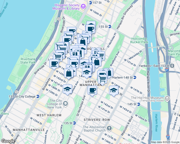 map of restaurants, bars, coffee shops, grocery stores, and more near 387 Convent Avenue in New York
