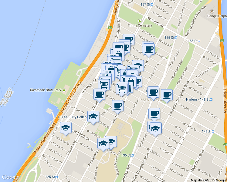 map of restaurants, bars, coffee shops, grocery stores, and more near 557 West 144th Street in New York