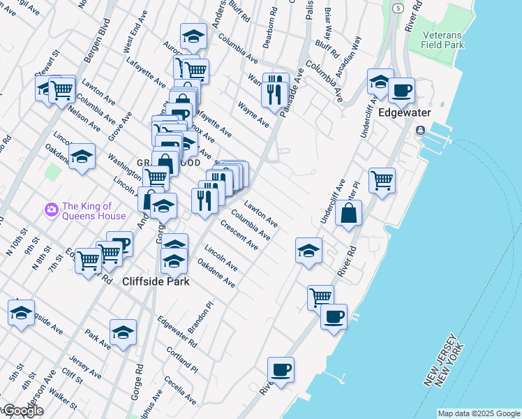 map of restaurants, bars, coffee shops, grocery stores, and more near in Cliffside Park