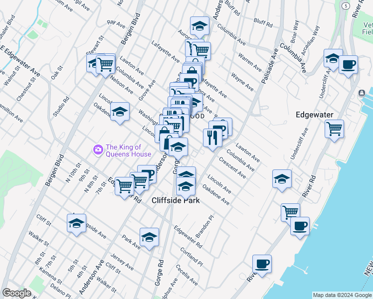 map of restaurants, bars, coffee shops, grocery stores, and more near 238 Crescent Lane in Cliffside Park