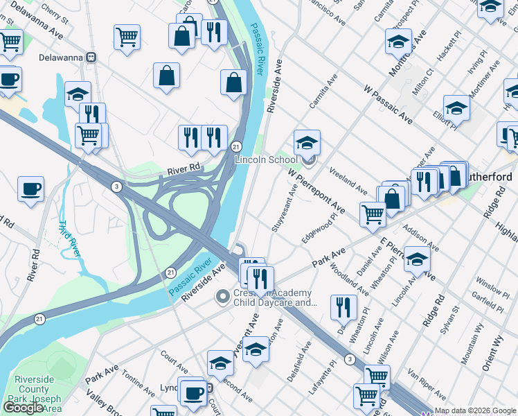 map of restaurants, bars, coffee shops, grocery stores, and more near 491 Riverside Avenue in Rutherford