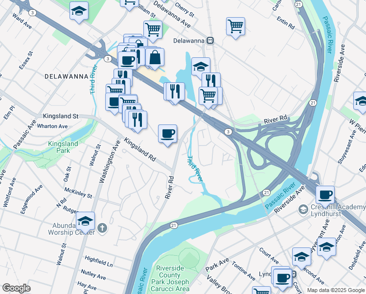 map of restaurants, bars, coffee shops, grocery stores, and more near 77 River Road in Clifton