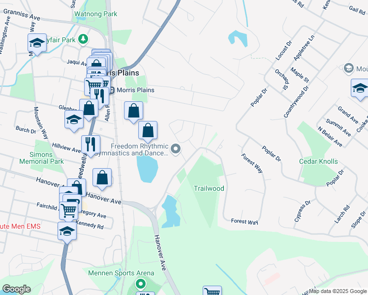 map of restaurants, bars, coffee shops, grocery stores, and more near 1100 The American Road in Morris Plains
