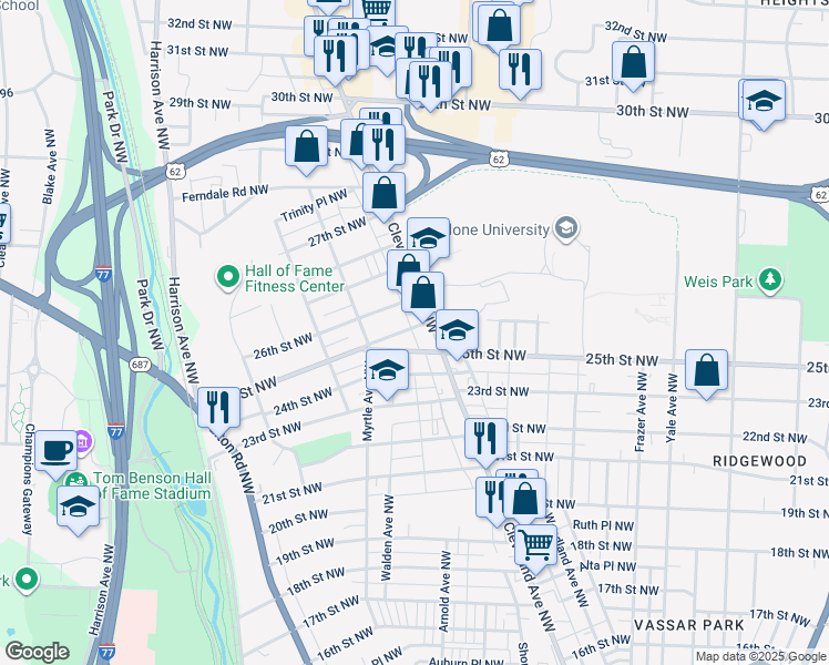 map of restaurants, bars, coffee shops, grocery stores, and more near 1320 26th Street Northwest in Canton