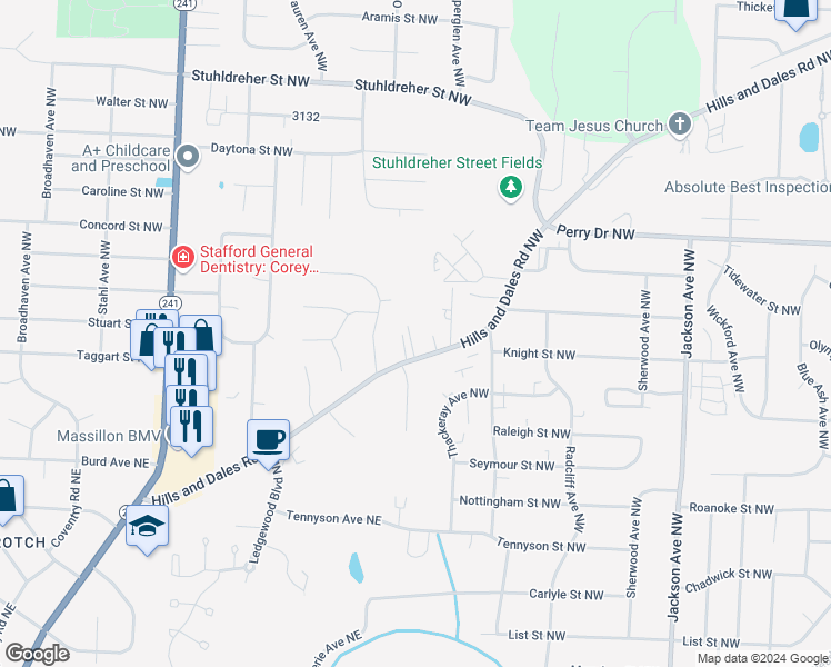 map of restaurants, bars, coffee shops, grocery stores, and more near 3034 Inwood Drive Northwest in Massillon