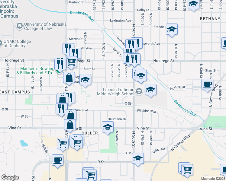 map of restaurants, bars, coffee shops, grocery stores, and more near 5311 Orchard Street in Lincoln