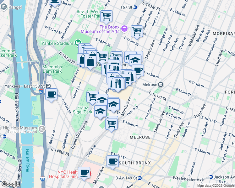 map of restaurants, bars, coffee shops, grocery stores, and more near 198 East 161 Street in The Bronx
