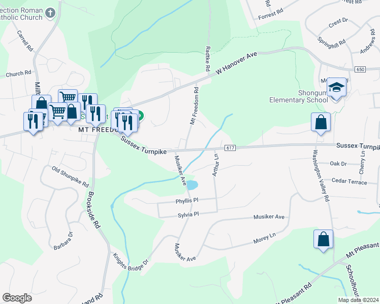 map of restaurants, bars, coffee shops, grocery stores, and more near 1130 Sussex Turnpike in Randolph