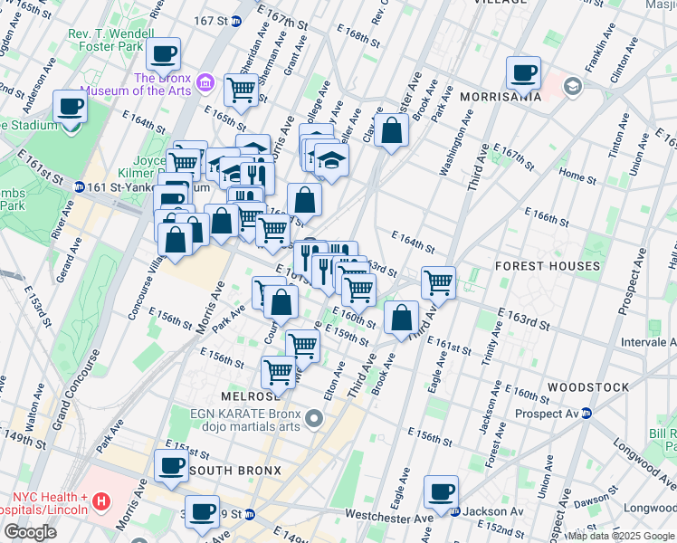 map of restaurants, bars, coffee shops, grocery stores, and more near Melrose Ave & E 162nd St in Bronx