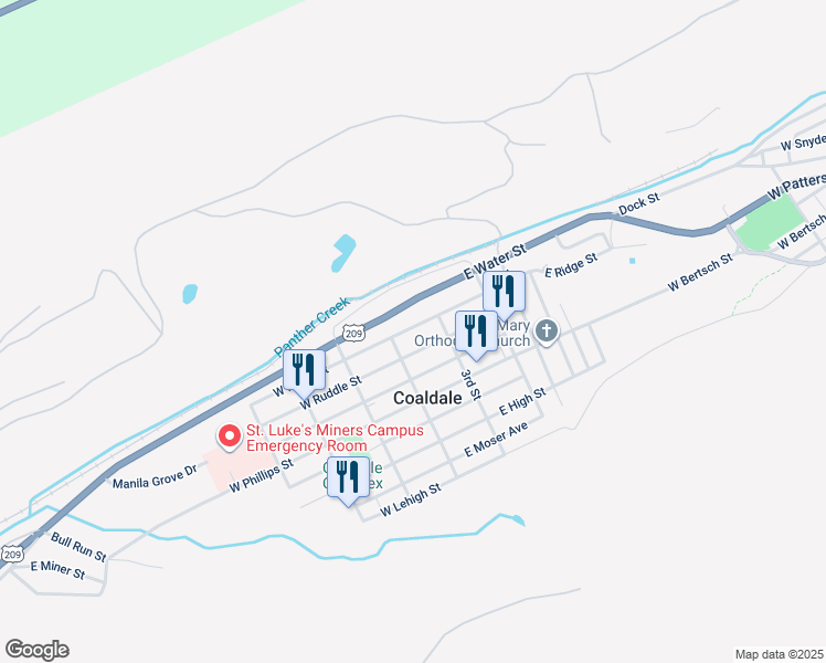 map of restaurants, bars, coffee shops, grocery stores, and more near 22 East Ridge Street in Coaldale