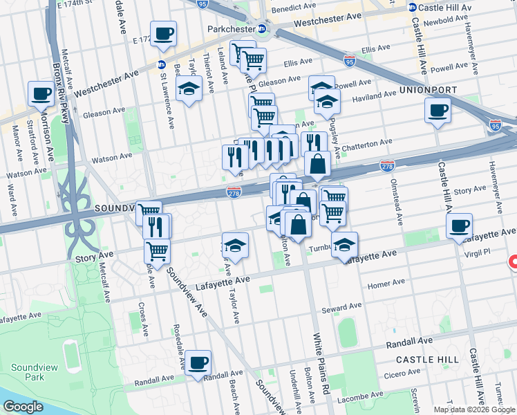 map of restaurants, bars, coffee shops, grocery stores, and more near 945 Underhill Avenue in Bronx