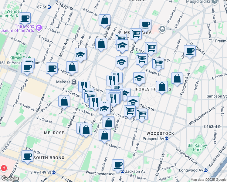 map of restaurants, bars, coffee shops, grocery stores, and more near 976 Washington Avenue in The Bronx