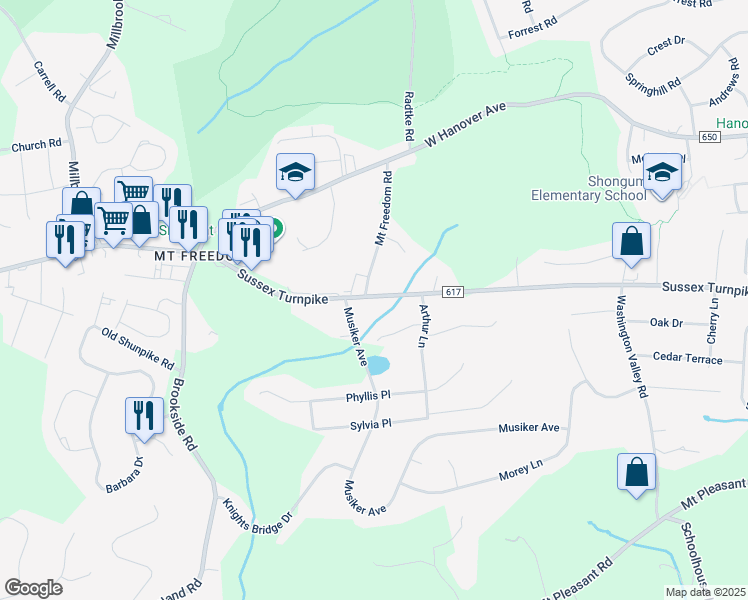 map of restaurants, bars, coffee shops, grocery stores, and more near 1130 Sussex Turnpike in Randolph
